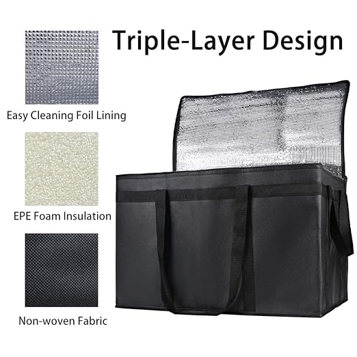 Bodaon 3-Pack Insulated Food Delivery Bag for Hot and Cold Meal, XXXL, Black, Grocery Tote Insulation Bag for Catering, Large Pizza Warmer