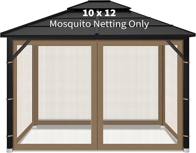 Gazebo Replacement Mosquito Netting Outdoor Universal Gazebo Canopy 4-Panels Screen Sidewalls with Zipper for Patio Garden (Brown, 10x12)