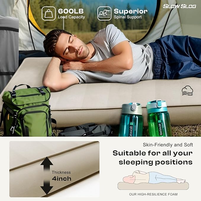 Self-Inflating Sleeping Pad with Portable Electric Pump 4in Thick Memory Foam Camping Mattress for Tent Cot & Car Travel, Fast Inflate & Deflate Camping Pad, Cream