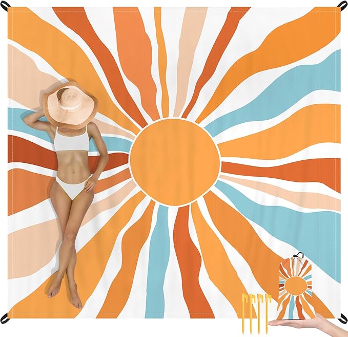 Beach Blanket Waterproof Sandproof, Large Picnic Blankets with Stakes and Storage Bag, Lightweight Quick Drying, Compact Beach Mat Vacation Essentials for Outdoors, Camping, Trips-Summer Sunshine