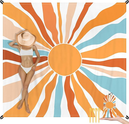 Beach Blanket Waterproof Sandproof, Large Picnic Blankets with Stakes and Storage Bag, Lightweight Quick Drying, Compact Beach Mat Vacation Essentials for Outdoors, Camping, Trips-Summer Sunshine