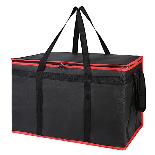 Bodaon Insulated Food Delivery Bag - Hot & Cold Meal Carrier, Catering/Doordash Pizza Warmer, Grocery Tote, Cooler Bag for Parties (Black-Red, 1Pk)