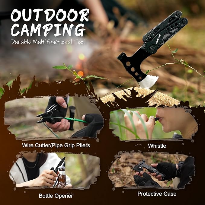 Camping Multitool Accessories Gifts for Men Dad 16 in 1 Upgraded Multi Tool Survival Gear with Axe Hammer Pliers Saw Screwdrivers Bottle Opener Whistle & Portable Sheath For Hiking,Fishing