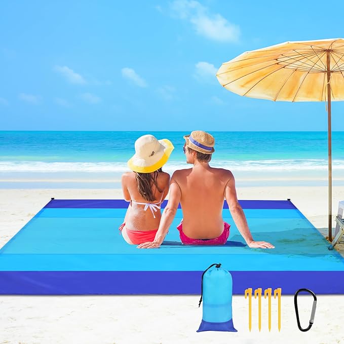 Beach Blanket Beach Mat, Sandproof Waterproof Beach Mat, Extra Large 82 * 79 in (5-7 People) Picnic Blanket with 1 Storage Bag, 1 Carabiner & 4 Fixed Nails for Beach, Camping, Hiking, Picnic