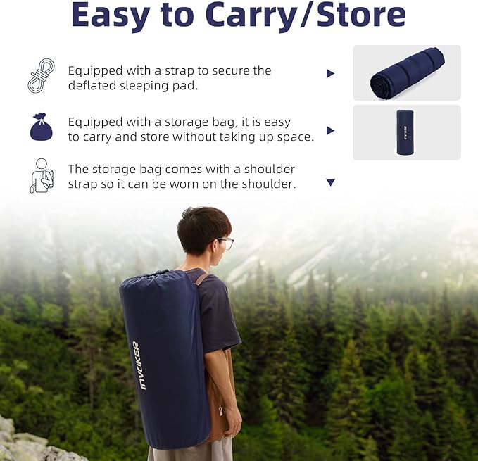 INVOKER 3.15" Camping Sleeping pad, Ultra-Thick Elasticity Foam Fast Self-Inflating 4-Season Insulated Durable Camping Mat Air Mattress with Pillow, for Tent, Car, Camping, Traveling, Blue