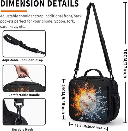 Fire Ice Baseball Pattern Lunch Bag Fire Sport Baseball Lunch Boxes for Women/Man Office Work Travel School Work Picnic Durable Reusable Insulated Large Lunch Tote Bag with Adjustable Shoulder Strap