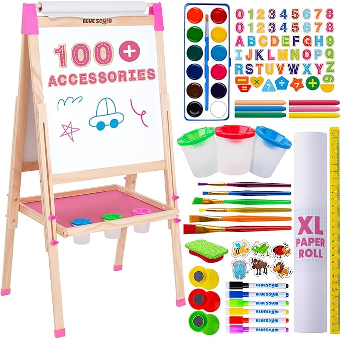 Blue Squid Art Easel for Kids - Dual-Sided Adjustable Wooden Painting Easels, Ideal Christmas Gift for Toddlers and Kid - with Magnetic Chalk Board, White Board & Paper Roll, Includes 100+ Accessories