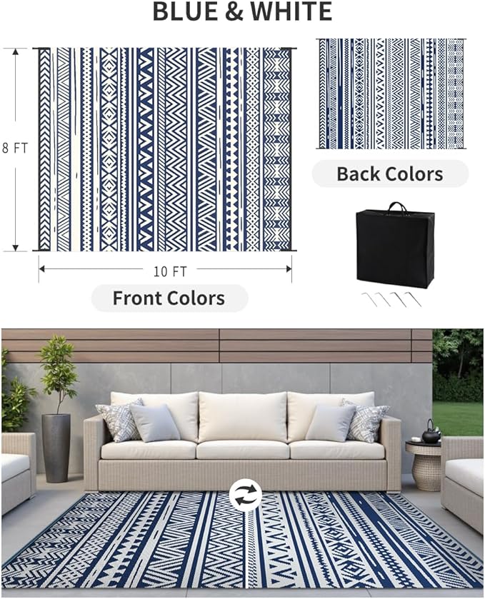 MontVoo Outdoor Rug 8x10 Waterproof Outdoor Patio Rug Mat Reverisble Plastic Straw Outdoor Rug for RV Camping Picnic Beach Balcony Boho Navy Blue