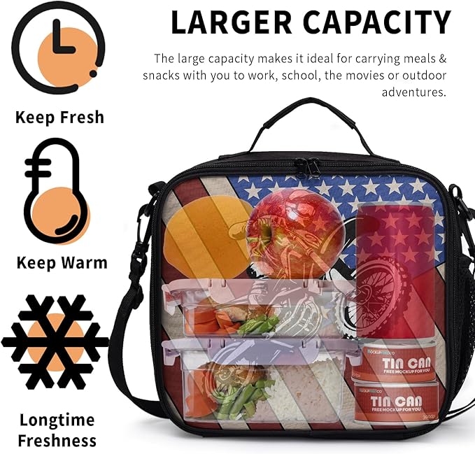 Motorcycle American Flag Lunch Bag Motocross Lunch Boxes for Women/Man Office Work Travel, School, Work, Picnic, Durable Reusable Insulated Large Lunch Tote Bag with Adjustable Shoulder Strap