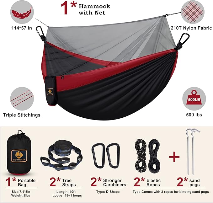 Camping Hammock with Net,Portable Lightweight Double Hammocks with Tree Straps and Solid D-Shape Carabiners,Parachute Nylon Hammock for Backpacking Beach Backyard Patio Hiking Black&Red