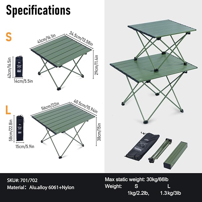 iClimb Ultralight Compact Camping Folding Table with Carry Bag (Green - S)