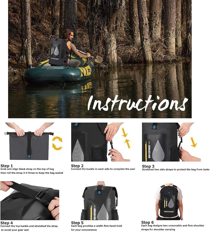 Blueshyhall 30L Waterproof Dry Backpack, Outdoor Travel Roll Top Closure Water Repellent Duffle Storage Sack for Kayaking Rafting Boating Fishing Camping and Beach - Black