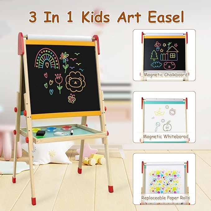 LOL-FUN Easel for Kids 4, Magnetic Double Sided Wooden Kids Easel for Painting with Paper Roll, Adjustable Art Easel for Kids Ages 4-8