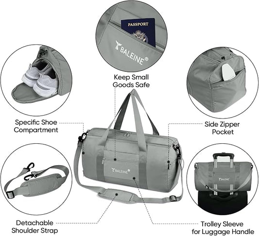 BALEINE Gym Bag for Women and Men, Duffel Bag for Sports, Gyms and Weekend Getaway, Waterproof Dufflebag with Shoe and Wet Clothes Compartments, Lightweight Carryon Gymbag (Silver)