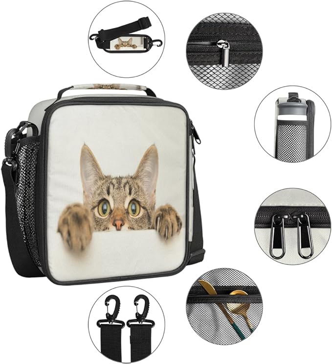 Funny Animal Cat Reusable Lunch Bag, Insulated, Spacious, Waterproof, Suitable for Boys and Girls, 10.5 x 3.5 x 9.5 inches