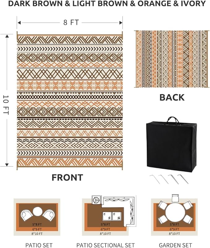 MontVoo Outdoor Rug Carpet 8x10 Waterproof-Patio Rug Mat Reversible RV Camping Rug Picnic Mat Plastic Straw Outside Rug for Balcony Porch Deck Beach-Boho Outdoor Area Rug for Patio Decor Colorful
