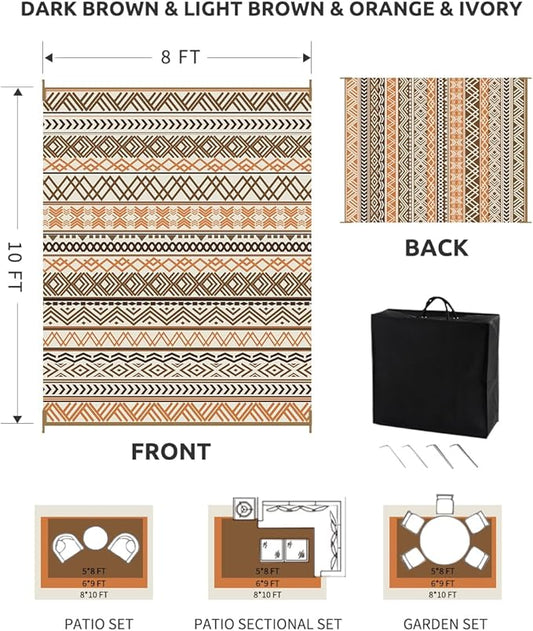 MontVoo Outdoor Rug Carpet 8x10 Waterproof-Patio Rug Mat Reversible RV Camping Rug Picnic Mat Plastic Straw Outside Rug for Balcony Porch Deck Beach-Boho Outdoor Area Rug for Patio Decor Colorful