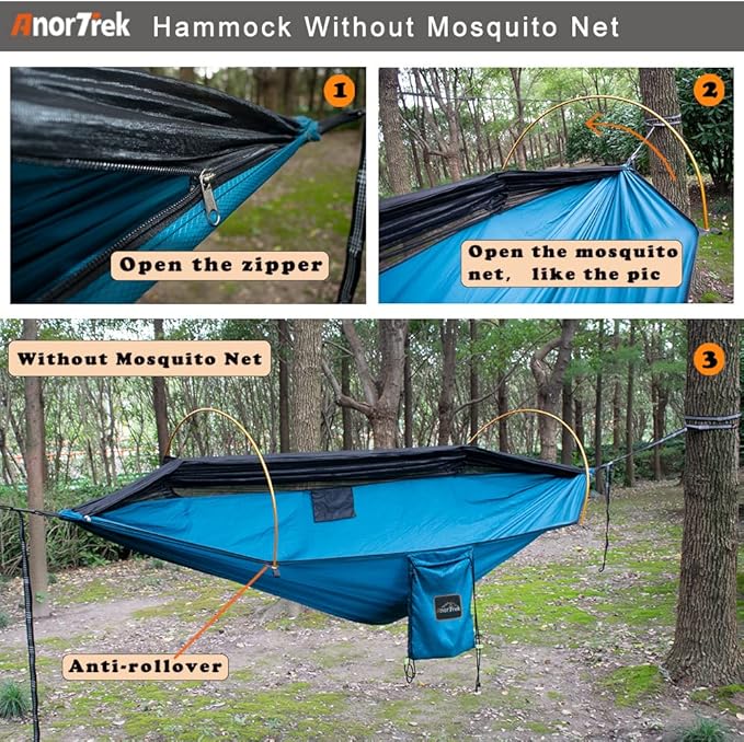 Camping Hammock with Mosquito Net and Rain Fly Tarp, Portable Double Hammock with Two Tree Straps, 230T Nylon Hammock and Waterproof Rain Fly Set for Hiking, Backpacking, Overnight (Blue)