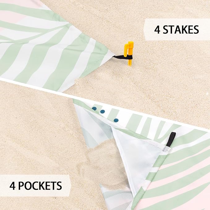 Beach Blanket, 78''×86'' Large Waterproof Sandproof Picnic Blanket for 2-4 Adults, Lightweight Compact Pink Sand Free Outdoor Mat w/ 4 Stakes for Camping, Travel, Hiking, Beach Accessories