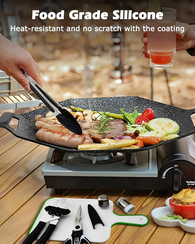 Camping Cooking Set - Camping Utensil Set Car Camping Cooking Essentials Gear for Camp Kitchen Cooking and Grilling, Stainless Steel & Silicone Ideal Gift for RV Tent Camper, Picnics, BBQs
