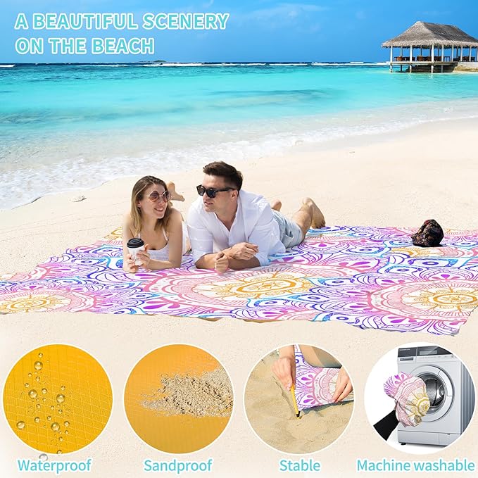 BYDOLL Beach Blanket Waterproof Sandproof 78''×110'' Suits1-7 Adults Compact Lightweight Oversized Sand-Free Blanket Large Picnic Mat for Beach Travel Camping Hiking