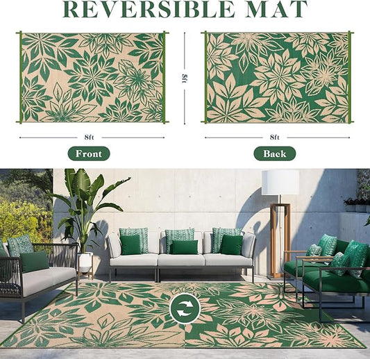 Waterproof Outdoor Rugs 5x8, Green Outdoor Plastic Straw Rug Double-Sided, Fade Resistant Patio Rug, Easy Cleaning RV Camping Mats Outside Carpet Portable for Balcony Porch Garden Deck Picnic