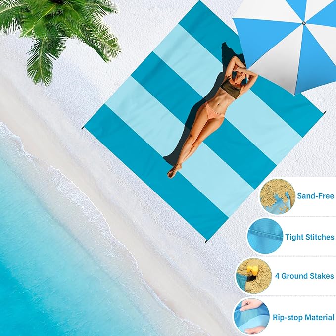 BYDOLL Beach Blanket Waterproof Sandproof 78''×81'' 1-7 Adults Oversized Lightweight Large Picnic Mat Waterproof Sandproof Blanket for Beach