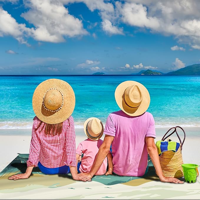 Beach Blanket Waterproof Sandproof Large Beach Mat 79" X 83" for 2-4 Adults Sand Free Mat Quick Drying,Lightweight & Durable with 4 Stakes & 4 Corner Pockets for Beach Travel Camping.(Mountain)