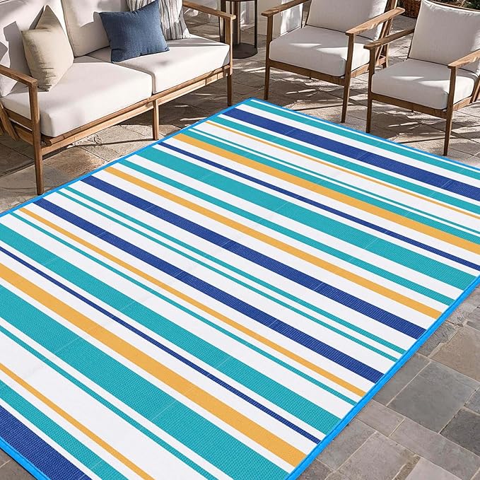 Outdoor Patio Plastic Rug Waterproof - Outdoor Rugs for Camper Outside, Rv, Porch Deck Clearance, Area Carpet for Outside, Balcony, Patio Decor, Blue & Yellow, 4x6 ft