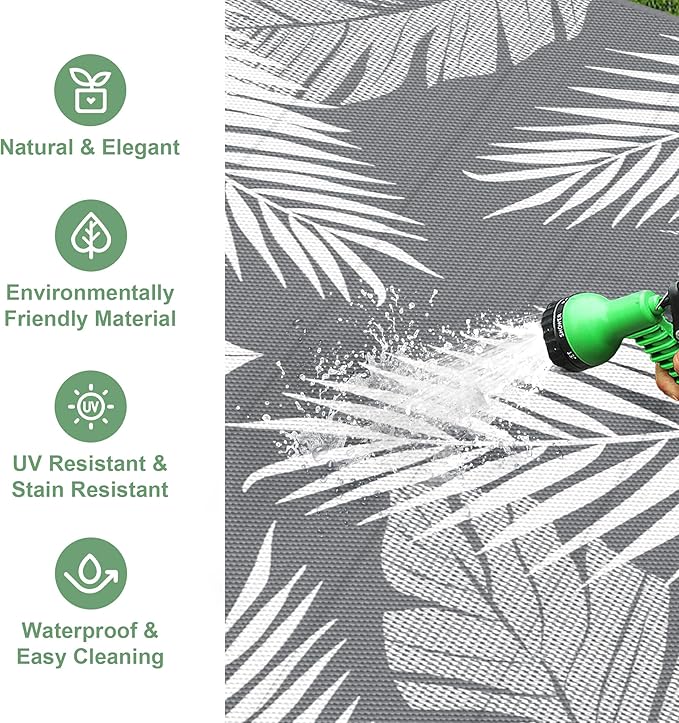 Outdoor Rug 8' x 10' for Patio Waterproof Clearance, Reversible Indoor Outdoor Plastic Straw Camping Rug Carpet, RV Mat, Large Area Rug for Deck, Backyard, Balcony, Porch, Beach,Grey and White