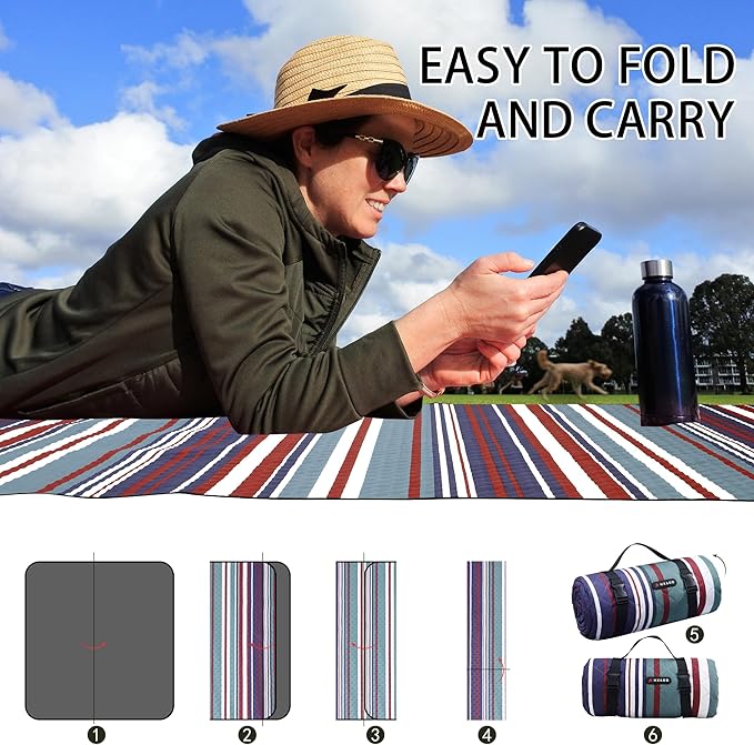 HX&OD Extra Large Picnic Blanket Outdoor 80”x80” Waterproof Picnic Mat Foldable 3-Layer Camping Blanket Portable with Carry Strap Park Blanket for Grass(Red)