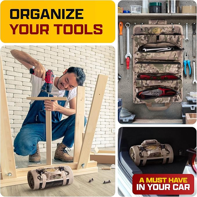 The Ryker Roll Up Tool Bag Organizer Gifts for Dad. Heavy Duty Motorcycle Tool Roll Bag Organizer. Portable Rollup Toolbag w/Detachable Pouches - Tools Bags Mens gifts for him/Mechanic - Camouflage