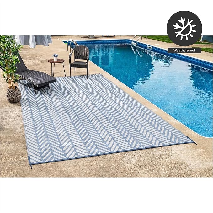 FH Home Outdoor Camping Rug - Waterproof, Fade Resistant, Reversible - Premium Recycled Plastic - Herringbone - Large Patio, Deck, Sunroom, RV - Fresno - Light Blue - 4 x 6 ft Foldable