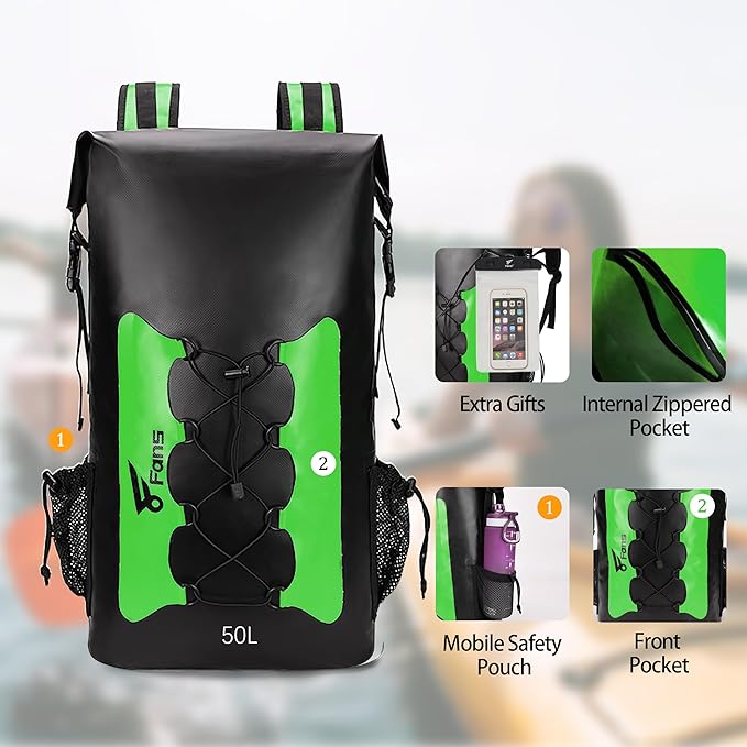 8 Fans Waterproof Backpack 50L,Floating Dry Bag with Phone Case,Roll Top Closure Waterproof Bag for Kayak Boating Sailing Canoeing Rafting Fishing Camping Green