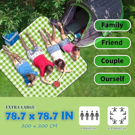 Picnic Outdoor Blankets, Extra Large 79x79in Beach Blanket, Thick 3-Layers Camping Waterproof Mat for Camp Hiking Park, Portable Foldable Rug for Family-Green, Sandproof & Machine Washable