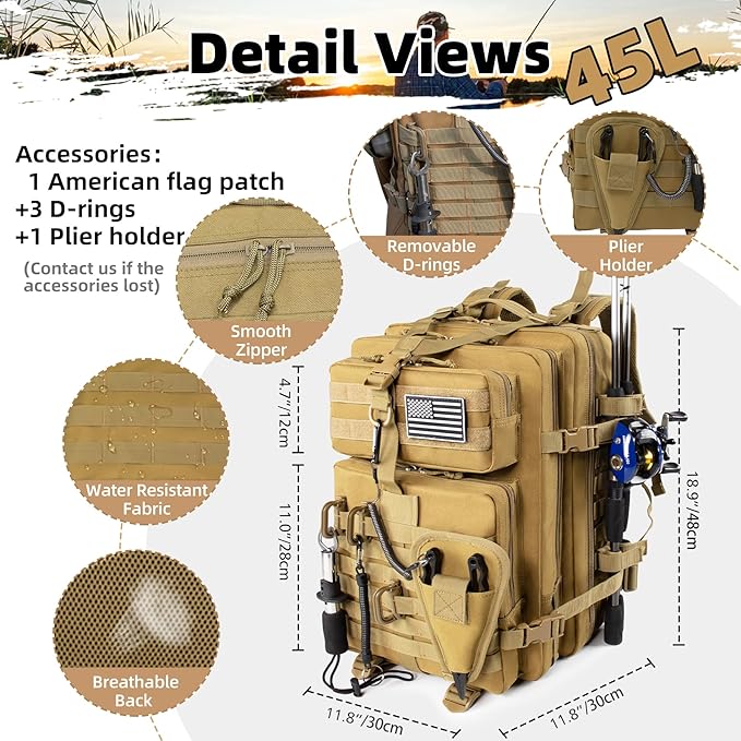 45l Large Fishing Tackle Backpack with Removable Plier Holder & Rod Holders, Khaki Tactical Bag, Fishing Gear and Tackle Box Organizer, Hiking Rucksack without Tackle Box