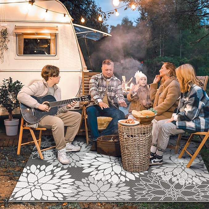 LuxStep Outdoor Rug Waterproof Outdoor Plastic Straw Rug Reversible Patio Rug Mat Outdoor Decor Large Area Mats for RV, Picnic, Backyard, Deck, Balcony, Porch, Beach, Camping, 4'x 6',Grey