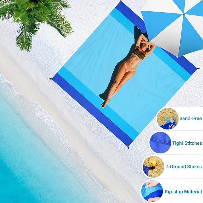 BYDOLL Beach Blanket Waterproof Sandproof 78''×81'' 1-7 Adults Oversized Lightweight Large Picnic Mat Waterproof Sandproof Blanket for Beach