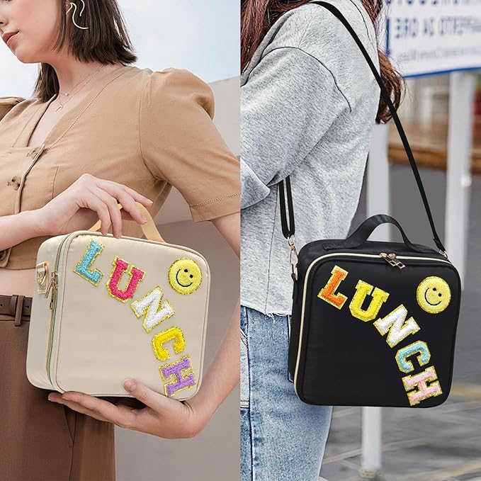 Insulated Lunch Bag Women Lunch Box Kids for Teen Girls Boys, Cute Preppy Lunch Boxes With Adjustable Shoulder Strap, Waterproof Nylon Lunchbox Lunch Bags for School Work Picnic (Black)