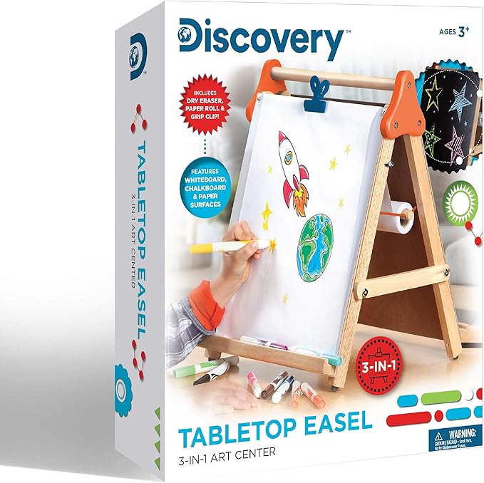 Discovery Kids 3-in-1 Tabletop Dry Erase Chalkboard Painting Art Easel, Includes Paper Roll and Oversized Clip, 17 x 15 Inch Wood Frame, Perfect for Children 3+ | Foldable/Portable for Countertop Play