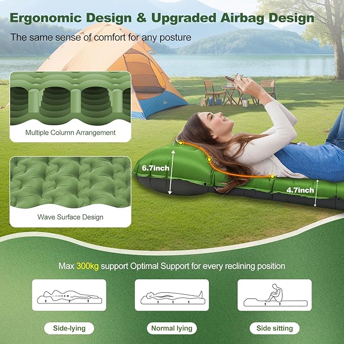 Camping Sleeping Pad, 50D Extra Thickness 4.7 Inch Inflatable Sleeping Mat Lightweight Waterproof Camping Pad, Foot Self-Inflating Sleeping Pads for Backpacking, Hiking, Traveling (Green+Grey)