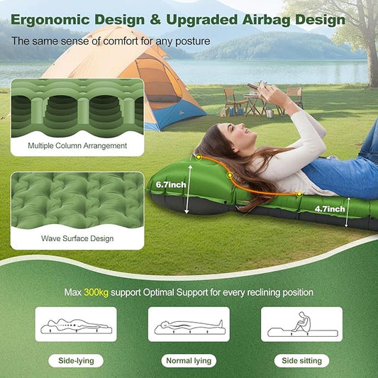 Camping Sleeping Pad, 50D Extra Thickness 4.7 Inch Inflatable Sleeping Mat Lightweight Waterproof Camping Pad, Foot Self-Inflating Sleeping Pads for Backpacking, Hiking, Traveling (Green+Grey)