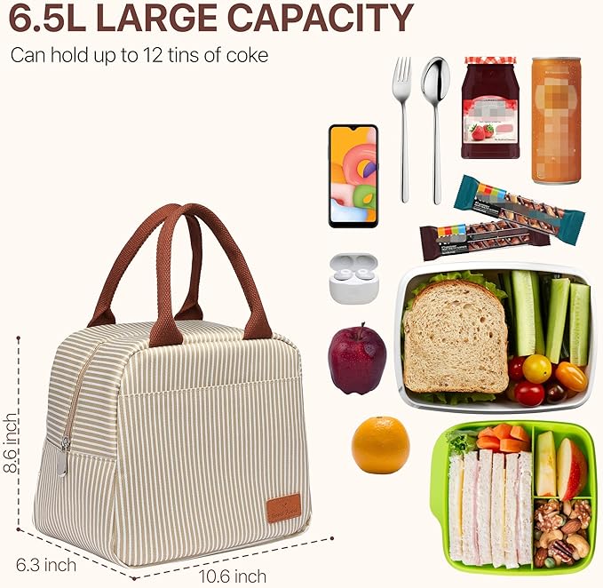 Bagseri Insulated Lunch Bag Women - Lunch Bag for Women Men Reusable Lunch Box Leakproof Thermal Cooler Sack Food Handbags Case High Capacity for Work and Picnic (Khaki White Stripe)