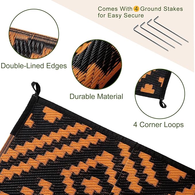 OPPODREAM Outdoor Rug 5x8 Ft, Waterproof Outdoor Plastic Straw Rug for Patio, Reversible Out Door Carpet for Camping, Deck, Rv, 5 x 8 Area Carpet for Balcony, Porch, Backyard, Black and Orange