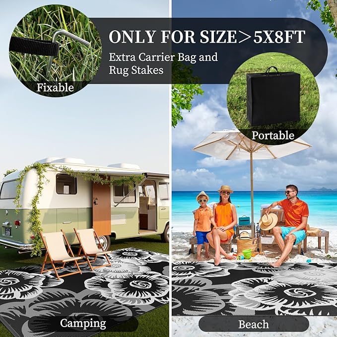 MontVoo Outdoor Rug 9x12 Waterproof Patio Rug-Outdoor Carpet Mat Reversible Plastic Straw Outside Outdoor Rug for RV Camping Picnic Beach Balcony Backyard Pool Deck Porch Farmhouse Floral Black