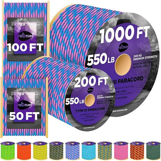 TECEUM Heavy Duty Rope 1000 – 1000ft / 200ft / 100ft / 50ft – 40+ Colors – Utility Rope for Survival & Camping Gear – Nylon String, Camping Rope, para Cord, Utility Nylon Rope, Tent Cord