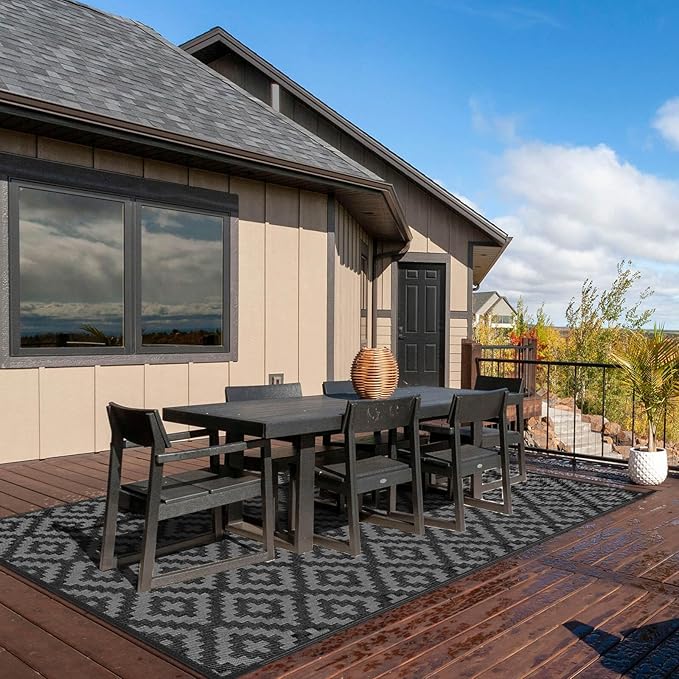 Outdoor Patio Plastic Straw Rug - 6'x9' Outdoor Camping Rug Waterproof Reversible, Area Carpet Patios Clearance RV, Outside Porch Balcony Deck for Camper, Black & Grey