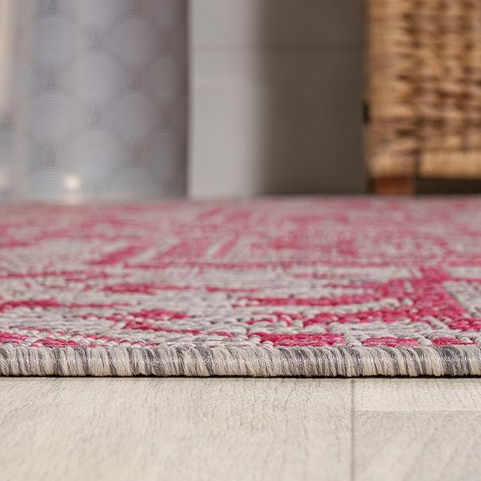 JONATHAN Y SMB105F-5SQ Estrella Bohemian Medallion Textured Weave Indoor Outdoor Area Rug, Coastal Traditional,Bedroom,Kitchen,Backyard,Patio, Light Gray/Fuchsia, 5' Square