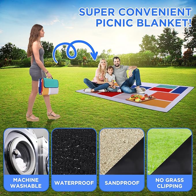 scuddles Picnic Blanket Extra Large 60 X 80, 3 Layers Outdoor Blanket, Water-Resistant Handy Mat Tote Spring Summer Blanket for The Beach