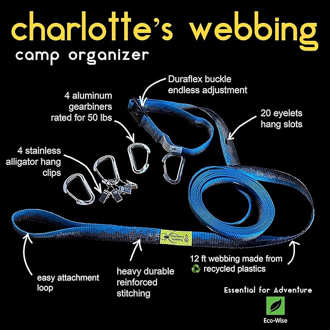 Charlotte’s Webbing™ Camp Organizer – 12' Gear Hanging Clothesline System with Adjustable Webbing, Aluminum Carabiners & Clips | Overlanding, Camping, Water Sport & Garage Organization
